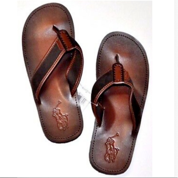 POLO RALPH LAUREN MEN'S BROWN LEATHER FLIP FLOP - Picture 2 of 9